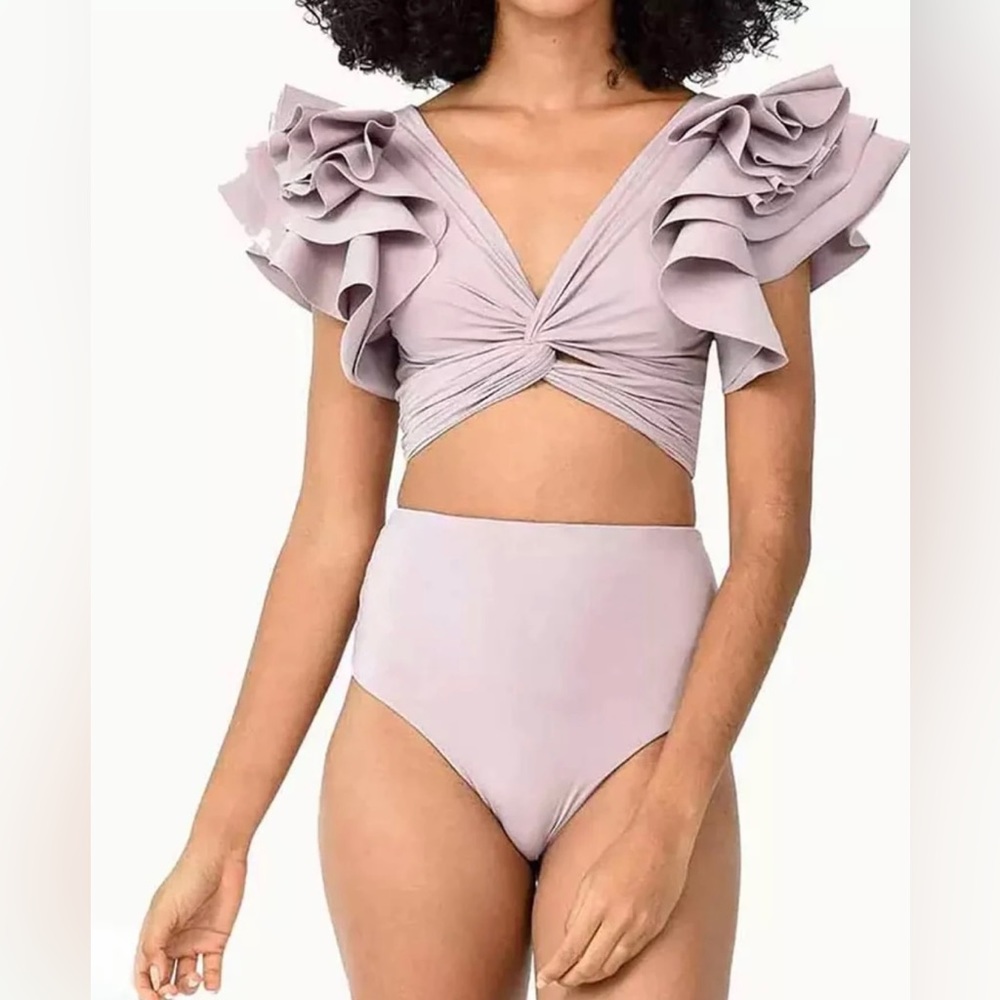 Two pieces swimsuit, high waisted, ruffle top, lilac. BRAND NEW. Size S.